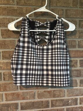 Live Well Active Black & White Plaid Cropped Tank with Ladder-Back Detail